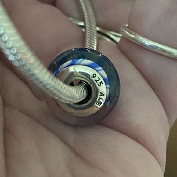 Authentic Pandora Retired Blue Candy Stripes Murano Glass Charm - Picture 2 of 2